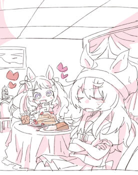 2girls :d animal_ears beanie beer_hsk blush bow cellphone chair closed_eyes commentary_request crossed_arms cup drinking_glass drinking_straw ears_through_headwear food hair_between_eyes hat heart holding holding_phone horse_ears indoors long_hair multiple_girls nakayama_festa_(umamusume) on_chair open_mouth phone pleated_skirt puffy_short_sleeves puffy_sleeves purple_eyes school_uniform shirt short_sleeves skirt smile table tosen_jordan_(umamusume) tracen_school_uniform twintails umamusume