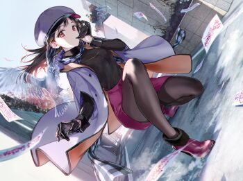 1girl bird biting black_gloves black_hair black_pantyhose black_sweater newsboy_cap coat commentary_request day dutch_angle floating_hair full_body fur-trimmed_footwear fur_collar fur_trim biting_glove gloves grey_coat hat high_heels highres long_hair long_sleeves looking_at_viewer on_one_knee open_clothes open_coat original outdoors pantyhose parted_lips path pencil_skirt purple_footwear purple_hat purple_skirt red_eyes road skirt solo sweater tiv transparent wind