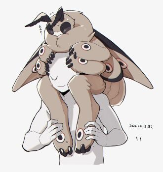 1other animal antennae artist_self-insert bug carrying claws closed_eyes colored_skin cropped_torso dated extra_arms flying_sweatdrops full_body hands_on_another's_face highres insect moth nervous original oversized_animal sannota272 shoulder_carry simple_background smile sweat u_u upper_body white_background white_skin wings