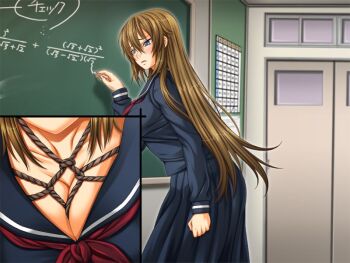 Rule 34 | 1girl, bdsm, blush, breasts, brown hair, chalkboard, classroom, cleavage, cut-in, dropout kyonyu roshutsuchokyo gakuen, game cg, isse, long hair, school uniform, shibari, shibari under clothes