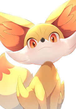 animal_ear_fluff fennekin gen_6_pokemon highres looking_at_viewer multicolored_fur nintendo no_humans orange_eyes orange_fur pokemon pokemon_(creature) rumine_(yoshi1234567) sitting solo white_background white_fur yellow_fur