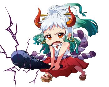 Rule 34 | 1girl, aqua hair, blue hair, chibi, club, club (weapon), commentary request, earrings, full body, geta, hair ornament, hakama, haki (one piece), highres, holding, holding weapon, hoop earrings, horns, japanese clothes, jewelry, kanabou, kimono, one piece, open mouth, orange eyes, ponytail, red hakama, sidelocks, simple background, sleeveless, sleeveless kimono, solo, weapon, white background, white hair, white kimono, yamato (one piece), yuuya (hakase-luv)