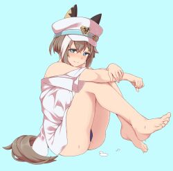 Rule 34 | 1girl, absurdres, animal ears, bare shoulders, barefoot, blue eyes, blush, breasts, cheval grand (umamusume), cleavage, closed mouth, commentary request, ear covers, feet, hair between eyes, hakutaqanta, hat, highres, horse ears, horse girl, horse tail, knees up, light blue background, looking at viewer, medium breasts, multicolored hair, off shoulder, peaked cap, shirt, simple background, solo, streaked hair, swimsuit, tail, toes, umamusume, white hair, white shirt