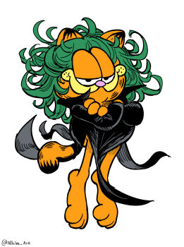 artist_name bad_tag cat commentary cosplay crossed_arms dress english_commentary english_text floating floating_hair garfield garfield_(character) green_hair highres looking_at_viewer nhim one-punch_man orange_fur smirk tatsumaki white_background