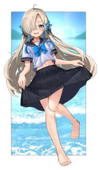 1girl ahoge barefoot blue_eyes flower full_body grey_hair hair_flower hair_ornament hair_over_one_eye highres isekaijoucho kamitsubaki_studio long_hair navel school_uniform serafuku skirt smile solo tekomaru very_long_hair