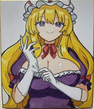1girl :> absurdres blonde_hair breasts choker cleavage collarbone commentary_request dot_nose dress elbow_gloves frilled_dress frills gloves hat hat_ribbon highres huge_breasts kukurukurukuru long_hair looking_at_viewer marker_(medium) mob_cap puffy_short_sleeves puffy_sleeves purple_dress red_ribbon ribbon ribbon_choker shiny_skin short_sleeves smile solo square_neckline tabard touhou traditional_media under-elbow_gloves upper_body white_gloves yakumo_yukari