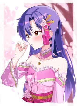 1girl bare_shoulders blue_hair blush border brown_eyes cherry_blossoms collarbone commentary cropped_torso day falling_petals flat_chest floris_(saber13) hair_ornament hand_up highres idolmaster idolmaster_(classic) idolmaster_million_live! idolmaster_million_live!_theater_days japanese_clothes kimono kisaragi_chihaya long_hair long_sleeves official_alternate_costume outdoors outside_border parted_lips petals pink_kimono solo strapless_kimono upper_body white_border