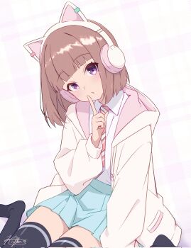 1girl animal_ear_headphones animal_ears black_thighhighs blue_skirt blunt_bangs blunt_ends bob_cut brown_hair cat_ear_headphones cat_ears collared_shirt commentary corrupted_twitter_file diagonal-striped_clothes diagonal-striped_necktie dress_shirt fake_animal_ears finger_to_mouth headphones highres hood hood_down hooded_jacket ikizulive!_love_live!_bluebird jacket kafka963 knees_out_of_frame long_sleeves love_live! miniskirt necktie no_shoes open_clothes open_jacket orange_necktie pink_background plaid_background pleated_skirt pocket purple_eyes sasaki_shion shirt short_hair shushing sitting skirt solo striped_clothes thighhighs wariza white_jacket white_shirt zettai_ryouiki