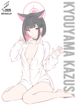 Rule 34 | 1girl, absurdres, alternate costume, animal ears, bare legs, barefoot, black choker, black hair, blue archive, blunt bangs, blunt ends, bob cut, borrowed clothes, breasts, breasts apart, cat choker, cat ears, cat girl, character name, choker, closed mouth, collarbone, collared shirt, colored inner hair, commentary, english commentary, extra ears, full body, hair behind ear, hair intakes, halo, hands up, highres, kazusa (blue archive), looking at viewer, medium breasts, multicolored hair, naked shirt, outstretched hand, oversized clothes, oversized shirt, partially unbuttoned, pink hair, pink halo, realen, red eyes, shirt, signature, simple background, sitting, sleeves past wrists, smile, solo, thighs, twitter username, two-tone hair, wariza, waving, white background, white shirt