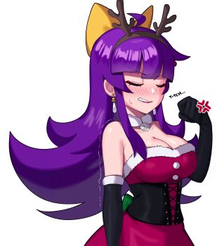 1girl absurdres ahoge anger_vein antlers artist_name bare_shoulders black_gloves blush boots bow breasts choker christmas cleavage clenched_hand clenched_teeth closed_eyes dress earrings elbow_gloves fake_antlers fishnet_thighhighs fishnets full_body fur-trimmed_dress fur_trim garter_straps gloves hair_bow hair_ornament hairband hat highres horns jewelry large_breasts lipstick_mark long_hair original purple_eyes purple_hair red_dress reindeer_antlers santa_costume santa_dress santa_hat sarukaiwolf sidelocks skull_hair_ornament speech_bubble strapless strapless_dress teeth thighhighs transparent_background trembling violentine_(sarukaiwolf) yellow_bow