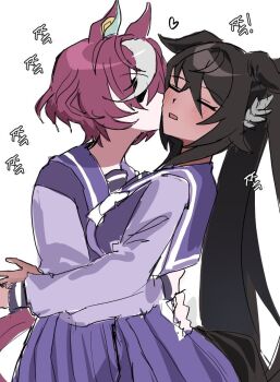 2girls animal_ear_piercing animal_ears arms_around_waist astronghouse back_bow black_hair blue_sailor_collar blue_shirt blue_skirt blush bow bowtie breasts closed_eyes commentary_request cowboy_shot dot_nose ears_down eyepatch hair_between_eyes hair_intakes heart highres horse_ears horse_girl horse_tail hug interracial kiss kissing_cheek korean_commentary korean_text large_breasts leaning_back long_hair long_sleeves loose_hair_strand multicolored_hair multiple_girls open_mouth pleated_skirt pointy_nose ponytail puffy_long_sleeves puffy_sleeves red_hair sailor_collar school_uniform shirt short_hair sidelocks skirt streaked_hair symboli_kris_s_(umamusume) tail tanino_gimlet_(umamusume) tracen_school_uniform translation_request umamusume very_long_hair white_bow white_bowtie yuri