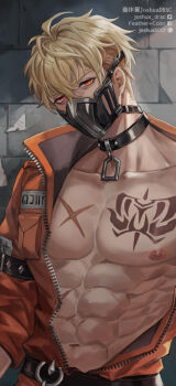Rule 34 | 1boy, abs, arm belt, bags under eyes, bare pectorals, belt, black belt, black choker, black mask, blonde hair, brick wall, chest tattoo, choker, close-up, collarbone, commentary request, covered mouth, cuffs, gem, in cell, jacket, jewelry, joshua drac, jumpsuit, large pectorals, looking at viewer, male focus, mask, mouth mask, muscular, muscular male, navel, nipples, nu carnival, official alternate costume, official alternate hairstyle, open clothes, open jacket, orange eyes, orange jacket, orange jumpsuit, pectorals, prison, prison cell, prison clothes, quincy (nu carnival), quincy (shackled thug) (nu carnival), scar, scar on chest, short hair, sleeve rolled up, solo, tattoo, undercut, zipper