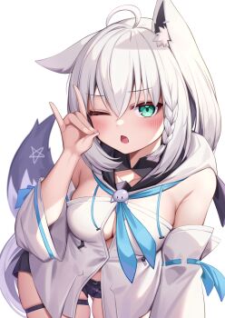 1girl ;o ahoge animal_ears blush braid breasts deaver detached_sleeves fox_ears fox_shadow_puppet fox_tail green_eyes highres hololive looking_at_viewer medium_breasts one_eye_closed pentagram shirakami_fubuki shirakami_fubuki_(1st_costume) simple_background single_braid solo tail virtual_youtuber white_background white_hair