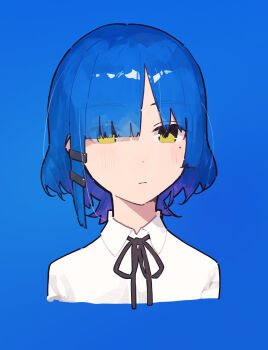 Rule 34 | 1girl, :|, black ribbon, blue background, blue hair, bocchi the rock!, closed mouth, collared shirt, commentary request, dot nose, hair ornament, highres, light blush, medium hair, mole, mole under eye, portrait, ribbon, shiloroshi, shirt, solo, yamada ryo, yellow eyes