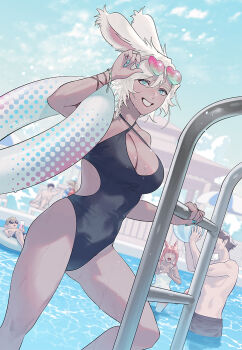 3boys 3girls animal_ears ball beachball black_one-piece_swimsuit blonde_hair blue_eyes blue_nails blue_sky breasts brown_hair byuub cleavage_cutout climbing_ladder clothing_cutout dark-skinned_female dark_skin elezen elf eyewear_on_head faceless faceless_female faceless_male final_fantasy final_fantasy_xiv heart heart-shaped_eyewear hyur innertube lalafell large_breasts looking_at_viewer miqo'te multiple_boys multiple_girls nail_polish one-piece_swimsuit orange_hair outdoors pointy_ears pool pool_ladder poolside rabbit_ears rabbit_girl sky smile sunglasses swim_ring swimsuit tewa_(byuub) umbrella warrior_of_light_(ff14) white_hair white_one-piece_swimsuit