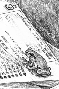 Rule 34 | animal, animal focus, commentary, frog, full body, furato44, greyscale, hatching (texture), monochrome, no humans, original, paper, solo, translation request