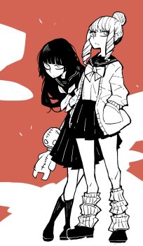 Rule 34 | 2girls, black serafuku, doll, dowman sayman, greyscale with colored background, gyaru, hair bun, highres, jujutsu kaisen, loose socks, mimiko (jujutsu kaisen), multiple girls, nanako (jujutsu kaisen), school uniform, serafuku, siblings, sidelocks, sisters, socks