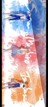 Rule 34 | 1boy, 2girls, alternate hairstyle, aoi tete, arms behind back, artist logo, blue hair, blue pants, blue shoes, bucket, character name, grey skirt, hair ornament, hair ribbon, hair scrunchie, hand on wall, heel up, highres, hirogaru sky! precure, holding, holding bucket, hood, hood down, hoodie, letterboxed, logo, medium skirt, multiple girls, nijigaoka mashiro, orange hair, orange shoes, outline, own hands together, paint on clothes, paint splatter, pants, pants rolled up, pink hair, ponytail, precure, ribbon, scrunchie, shirt, shoes, short hair, short sleeves, side ponytail, sideways, skirt, sora harewataru, standing, suspender pants, suspender skirt, suspenders, white hoodie, white outline, white scrunchie, white shirt, white shoes, yellow ribbon, yellow shirt, yuunagi tsubasa