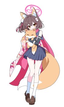Rule 34 | 1girl, :d, animal, animal ear fluff, animal ears, bare shoulders, black sleeves, blue archive, blue skirt, blush, brown hair, brown shoes, commentary request, detached sleeves, fox, fox ears, fox girl, fox hair ornament, fox tail, full body, halo, highres, holding, holding animal, izuna (blue archive), lmg7811, long sleeves, looking at viewer, open mouth, pink halo, pink scarf, pleated skirt, scarf, shirt, shoes, short hair, simple background, skirt, sleeveless, sleeveless shirt, smile, socks, solo, standing, tail, white background, white shirt, white socks, yellow eyes
