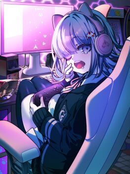 1girl :o animal_ear_headphones animal_ears black_thighhighs breasts brown_hair cat_ear_headphones cat_ears collared_shirt computer_keyboard controller danganronpa_(series) danganronpa_2:_goodbye_despair fake_animal_ears flipped_hair game_controller hair_ornament headphones highres holding holding_controller holding_game_controller jacket long_sleeves looking_at_viewer medium_hair monitor nanami_chiaki neck_ribbon nota_sayaka open_clothes open_jacket pink_eyes pink_ribbon ribbon shirt solo teeth thighhighs upper_teeth_only white_shirt