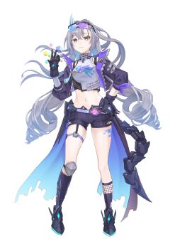 Rule 34 | 1girl, asymmetrical legwear, black gloves, black jacket, black shoes, black shorts, breasts, closed mouth, commentary request, crossed bangs, drill hair, eyewear on head, fishnet socks, fishnets, full body, gloves, gradient-tinted eyewear, grey eyes, grey hair, hair between eyes, hand on own hip, hand up, highres, honkai: star rail, honkai (series), jacket, knee pads, long hair, looking at viewer, low twintails, mechanical gloves, mechanical tail, medium breasts, midriff, mismatched legwear, multicolored hair, navel, open clothes, open jacket, purple-tinted eyewear, shirt, shoes, shorts, sidelocks, silver wolf (elation) (honkai: star rail), silver wolf (honkai: star rail), simple background, single knee pad, socks, solo, standing, tail, thigh strap, tinted eyewear, tokisake masoho, twin drills, twintails, very long hair, white background, white shirt