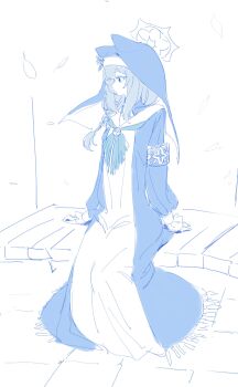1girl absurdres animal_ears black_veil blue_archive blue_theme cat_ears closed_mouth dan_nako flower hair_between_eyes hair_flower hair_ornament halo hat hat_flower highres hood long_hair long_sleeves mari_(blue_archive) monochrome nun sitting sketch sleeves_past_wrists solo unfinished veil white_background white_flower