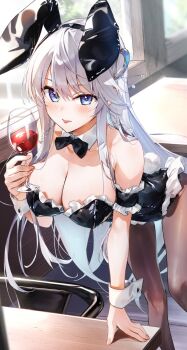 1girl alcohol animal_ears bare_shoulders black_bow black_bowtie black_leotard blue_eyes blush bow bowtie breasts cleavage closed_mouth collarbone cup desk detached_collar drinking_glass fake_animal_ears glass hair_between_eyes hair_ornament highres indoors kasumi_komo large_breasts leotard long_hair looking_at_viewer original pantyhose playboy_bunny rabbit_ears rabbit_tail red_wine school_desk smile solo tail tongue tongue_out white_hair wine wine_glass wrist_cuffs