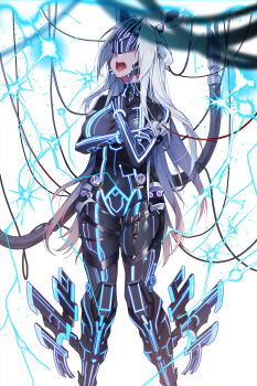 1girl bodysuit breasts cable electricity highres kanola_u large_breasts long_hair mecha mecha_musume plug robot science_fiction skindentation soccer_spirits standing white_hair wire