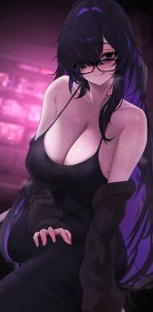 1girl absurdres bare_shoulders black_dress black_hair black_sweater breasts cleavage commentary dress glasses goddess_of_victory:_nikke highres indoors label_(nikke) large_breasts licking_lips long_hair looking_at_viewer multicolored_hair purple_eyes purple_hair solo sweat sweater tongue tongue_out two-tone_hair uzzy2801 very_long_hair
