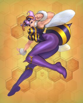 1girl a.b.singh antennae arthropod_girl ass bee breasts bug clenched_hand darkstalkers extra_eyes full_body hexagon highres honeycomb_(pattern) honeycomb_background insect insect_wings large_breasts legs leotard long_legs monster_girl muscular muscular_female no_pupils pantyhose purple_eyes purple_hair purple_pantyhose q-bee short_hair solo spikes thick_thighs thighs wings