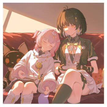 Rule 34 | 2girls, adoptive parent and adoptive child, aemeath (wuthering waves), aemeath (young) (wuthering waves), black hair, closed eyes, commentary request, controller, cyberdark233, earrings, female rover (wuthering waves), game controller, hair extensions, hair vines, highres, holding, holding controller, holding game controller, jewelry, long sleeves, medium hair, mother and daughter, multiple girls, pink hair, playing games, rover (wuthering waves), school uniform, shirt, skirt, smile, traditional media, triangle earrings, wuthering waves, yellow eyes