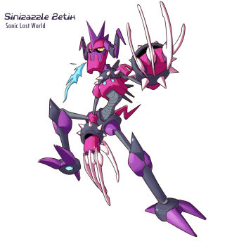 2000s_(style) armor blue_eyes character_name claws collar commentary copyright_name english_commentary full_body highres humanoid_robot karakatodzo looking_at_viewer mechanization mega_man_(series) mega_man_zero_(series) mohawk nakayama_tooru_(style) outstretched_arm parody red_armor robot sonic_(series) sonic_lost_world spiked_collar spiked_hair spikes standing style_parody yellow_eyes zazz