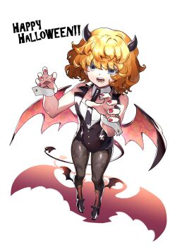Rule 34 | 1girl, absurdres, animal print, bat print, bat wings, black horns, black leotard, black pantyhose, blonde hair, demon girl, demon tail, demon wings, fluffy hair, happy halloween, highres, horns, leotard, open mouth, pantyhose, purple eyes, red nails, solo, tagme, tail, tanya degurechaff, tanya degurechaff (manga), teeth, tongue, toujou chika, wings, youjo senki