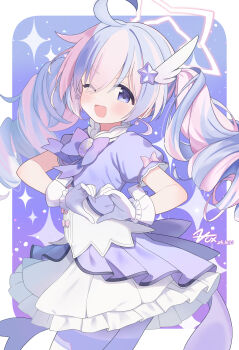 1girl :d ahoge artist_name blue_archive bow chinese_commentary commentary_request dated dress drill_hair gloves hair_ornament halo heart heart_hands highres multicolored_hair one_eye_closed open_mouth pantyhose pink_hair pink_halo puffy_short_sleeves puffy_sleeves purple_bow purple_eyes purple_hair purple_pantyhose reisa_(blue_archive) reisa_(magical)_(blue_archive) short_sleeves signature smile solo star_(symbol) star_hair_ornament star_halo striped_clothes striped_pantyhose twin_drills twintails two-tone_hair vertical-striped_clothes vertical-striped_pantyhose white_gloves wing_hair_ornament zcx