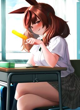 1girl alternate_costume animal_ears black_skirt black_socks black_streaks blush breasts brown_eyes brown_hair chair commentary_request desk food highres holding holding_food holding_popsicle horse_ears horse_girl hoshikuzu_kizuna_(kizuna_stardust) indoors kneehighs long_hair looking_at_viewer multicolored_hair nice_nature_(umamusume) on_chair pencil_case plaid_clothes plaid_skirt pleated_skirt popsicle school_chair school_desk school_uniform shirt short_sleeves sitting skirt socks solo streaked_hair thick_thighs thighs tongue tongue_out twintails umamusume white_shirt