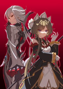 1girl 2girls absurdres arlecchino_(genshin_impact) black_collar black_dress black_eyes black_hair black_sleeves blue_eyes brown_hair center_frills closed_mouth coat collar commentary_request cowboy_shot detached_collar detached_sleeves dress earrings frilled_sleeves frills genshin_impact gloves gradient_background grey_coat grey_hair hand_up highres holding holding_polearm holding_weapon jewelry long_hair long_sleeves looking_at_viewer looking_back low_ponytail miaoyeza233 multicolored_hair multiple_girls outline polearm ponytail red_background red_outline red_pupils sandrone_(genshin_impact) streaked_hair symbol-shaped_pupils v-shaped_eyebrows weapon white_gloves white_headdress x-shaped_pupils