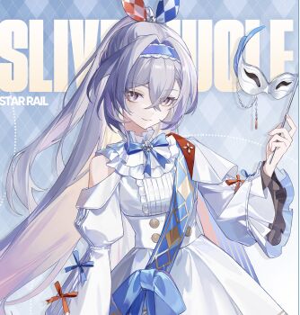 1girl bell_sleeves blue_bow blue_bowtie blue_hairband bow bowtie brooch buttons center_frills chinese_commentary commentary_request crossed_arms double-breasted dress eye_mask fingernails frills grey_eyes grey_hair hair_between_eyes hairband high_ponytail highres holding holding_mask honkai:_star_rail honkai_(series) jewelry long_sleeves mask miaotai_miota nail_polish pink_nails plaid_background plaid_hairband ponytail silver_wolf_(honkai:_star_rail) smile solo upper_body white_dress white_sleeves wide_sleeves