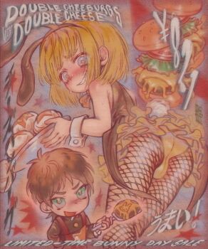 2boys absurdres animal_ear_hairband animal_ears armin_arlert blonde_hair blue_eyes blush bow bowtie brown_hair bulge bunny_day burger crossdressing crossdressing_(mtf) eren_yeager fake_animal_ears fake_tail fishnet_pantyhose fishnets food gh0sttnacht hairband highres long_sleeves male_focus male_playboy_bunny multiple_boys pantyhose playboy_bunny rabbit_ear_hairband rabbit_ears rabbit_tail shingeki_no_kyojin short_hair shota smile tail trap usamin white_wrist_cuffs wrist_cuffs