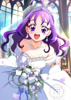 Rule 34 | 1girl, ahoge, bare shoulders, blurry, blurry background, blush, bouquet, breasts, bridal veil, cleavage, collarbone, commentary request, cure kyunkyun, dress, earrings, flower, gem, hair ornament, highres, holding, holding bouquet, indoors, jewelry, kimi to idol precure, long hair, looking at viewer, medium breasts, momotarouooi, open mouth, precure, purple eyes, purple hair, shigure kokoro, smile, solo, veil, wedding dress, white dress, white flower, white gem, white tiara