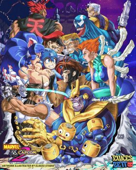 2girls akuma_(street_fighter) animal_hands blonde_hair blue_eyes blue_hair bodysuit breasts brown_hair cable_(marvel) colored_skin crossover darkstalkers eddie_brock elucestudio fang felicia_(darkstalkers) gambit gloves grabbing_another's_breast groping gun helmet kanzaki_hayato_(star_gladiator) large_breasts long_hair m._bison marrow_(x-men) marvel marvel_vs._capcom marvel_vs._capcom_2 mega_man_(character) mega_man_(series) mega_man_legends_(series) multiple_girls muscular muscular_male orange_hair purple_skin red_hair robot servbot_(mega_man) short_hair sleeveless spider-man_(series) star_gladiator sword teeth thanos tongue tongue_out venom_(marvel) very_long_hair weapon white_fur white_hair x-men