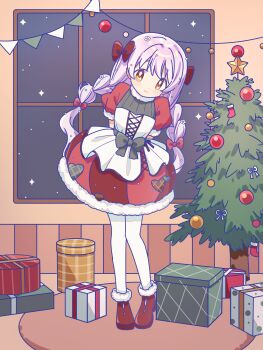 1girl absurdres arms_behind_back black_bow blush boots bow box braid christmas christmas_tree closed_mouth commentary dot_nose dress full_body fur-trimmed_boots fur-trimmed_skirt fur-trimmed_sleeves fur_trim gift gift_box hair_bow highres indoors long_hair looking_at_viewer mahou_shoujo_madoka_magica mahou_shoujo_madoka_magica:_hangyaku_no_monogatari momoe_nagisa pantyhose pink_hair red_boots red_bow red_skirt ruru_(rurumagi) short_dress short_sleeves skirt smile solo standing twin_braids waist_bow white_dress white_pantyhose window yellow_eyes