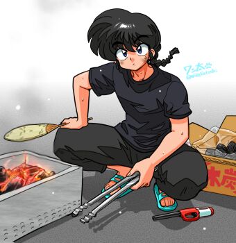 1boy bag black_hair black_pants black_shirt blue_eyes blue_sandals box braid cardboard_box charcoal closed_mouth dirty dirty_face fire gradient_background hand_fan holding holding_fan holding_tongs lighter male_focus pants plastic_bag ranma_1/2 sandals saotome_ranma shirt single_braid solo squatting sweat tongs wanta_(futoshi)