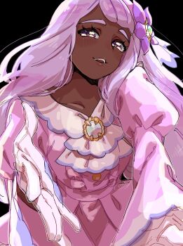 1girl ascot brooch dark-skinned_female dark_skin fascinator frilled_ascot frills gem gloves hair_ornament hand_up highres jacinthe_(pokemon) jewelry juliet_sleeves long_hair long_sleeves looking_at_viewer low_drills nintendo offering_hand parted_lips pokemon pokemon_legends:_z-a pon_(ponymmtknsk) pov puffy_sleeves purple_eyes purple_hair reaching reaching_towards_viewer smile solo teeth upper_teeth_only very_dark_skin