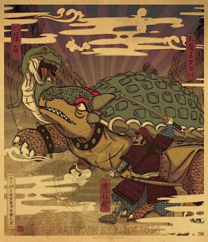 1boy armor bowser cloud collar dinosaur egasumi facial_hair fine_art_parody hanairi_kikkou hat hexagon honeycomb_pattern japanese_armor katana kusazuri male_focus mario mario_(series) mustache nihonga nintendo pants pants_tucked_in parody ponytail samurai sheath shoulder_armor sode solo spikes style_parody sword tachi_(weapon) translated ukiyo-e unmoving_pattern weapon xiaobaosg yoshi