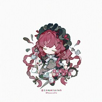 1girl black_dress black_hairband black_shoes braid chibi chibi_only closed_eyes closed_mouth commission dress full_body hair_ornament hairband highres kanae_(cookie) long_hair long_sleeves multiple_braids original red_hair sample_watermark shoes simple_background socks solo standing standing_on_one_leg twitter_username watermark white_background white_socks x_hair_ornament