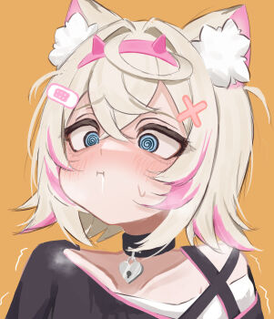 1girl @_@ absurdres animal_ear_fluff animal_ears black_collar black_shirt blonde_hair blue_eyes blush collar collarbone dog_ears dog_girl highres hololive hololive_english implied_after_fellatio lucien_000298 mococo_abyssgard multicolored_hair pink_hair pout sexually_suggestive shirt single_bare_shoulder solo streaked_hair upper_body virtual_youtuber