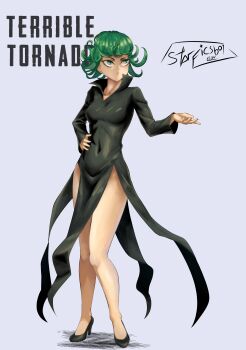 Rule 34 | 1girl, absurdres, black dress, breasts, closed mouth, commentary, curly hair, dress, english commentary, flipped hair, green eyes, green hair, highres, medium hair, no panties, one-punch man, pear-shaped figure, petite, side slit, simple background, small breasts, solo, starficsboy, tatsumaki, thighs