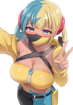 1girl aqua_hair bandeau black_mask blonde_hair blue_eyes blue_hair breasts canari_(pokemon) center-flap_bangs cleavage commentary_request criss-cross_straps crop_top curly_sidelocks fake_hair_bun groin jacket large_breasts looking_at_viewer mask mega_ring mega_stone midriff mouth_mask multicolored_hair navel nikoo nintendo pants pokemon pokemon_legends:_z-a shirt short_twintails simple_background solo split-color_clothes split-color_hair twintails two-tone_hair two-tone_mask v white_background yellow_bandeau yellow_jacket yellow_mask yellow_shirt
