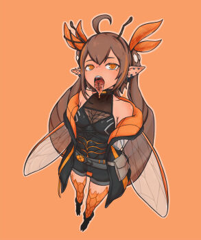 1girl ahoge antennae arthropod_girl arthropod_limbs belt black_jacket black_shorts breasts bright_pupils brown_hair commentary commission ear_piercing earrings from_above hair_ribbon highres insect_wings jacket jewelry long_hair looking_at_viewer medium_breasts monster_girl multiple_earrings muscular muscular_female non-pubic_inmon orange_background original piercing pointy_ears post_(shake_shakepost) ribbon sharp_teeth shorts solo spike_piercing tattoo teeth thick_outlines tongue tongue_out tongue_tattoo twintails very_long_hair white_pupils wings yellow_eyes