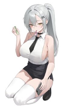 1girl absurdres bare_arms black_choker black_necktie black_skirt breasts cellphone choker commentary_request commission condom condom_in_mouth full_body grey_hair hair_between_eyes highres holding holding_phone kneeling korean_commentary large_breasts long_hair looking_at_viewer mouth_hold necktie original phone ponytail redshark_(t373412) second-party_source shirt sideboob simple_background skirt smartphone solo thighhighs used_condom white_background white_shirt white_thighhighs yellow_eyes